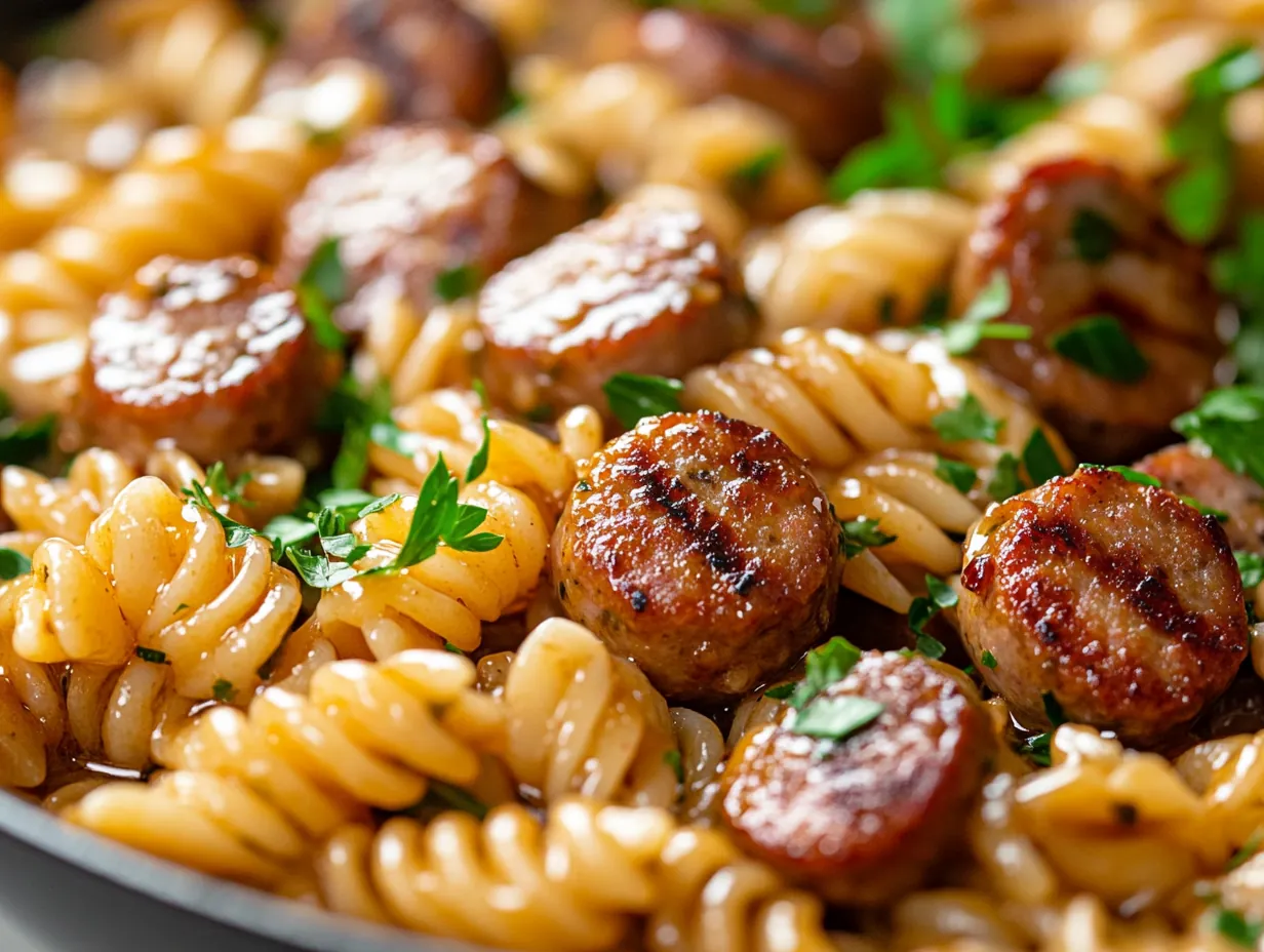 Sticky Honey Garlic Sausage Pasta Skillet: Sweet & Savory Dinner finished dish